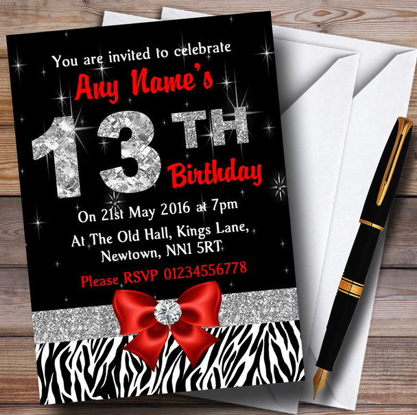 Red Diamond And Zebra Print 13Th Birthday Party Personalised Invitations