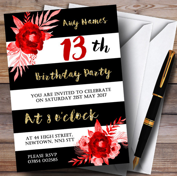 Black White Striped Gold Red Flower 13th Personalised Birthday Party Invitations