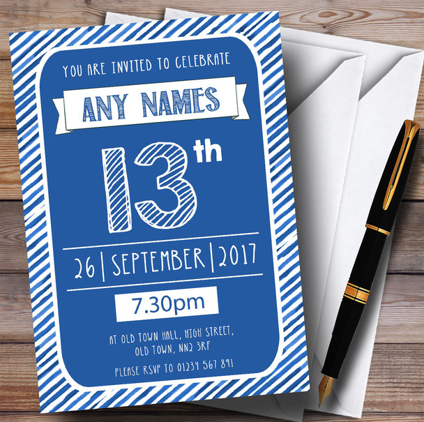 Blue & White Stripy Deco 13th Personalised Birthday Party Invitations