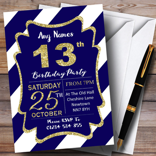 Blue White Diagonal Stripes Gold 13th Personalised Birthday Party Invitations
