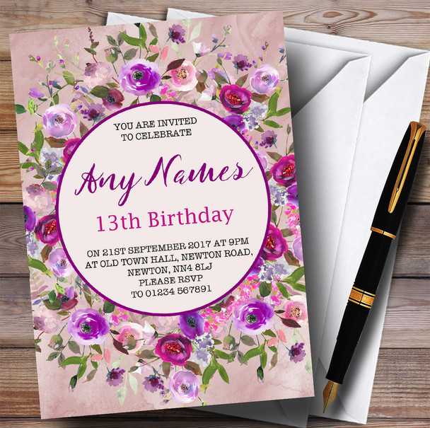 Pink & Purple Watercolour Floral 13th Personalised Birthday Party Invitations