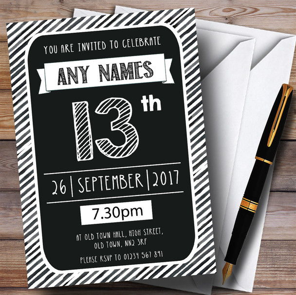 Black & White Stripy Deco 13th Personalised Birthday Party Invitations