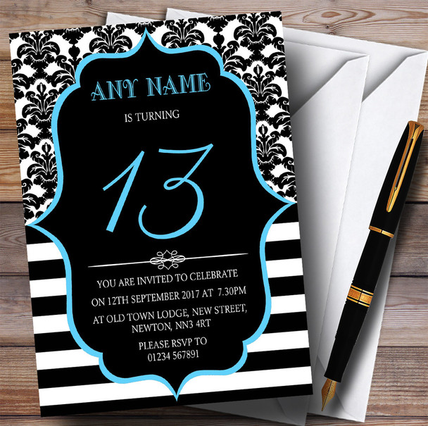 Vintage Damask Blue 13th Personalised Birthday Party Invitations