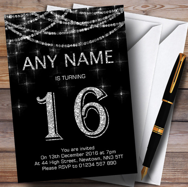Black & Silver Sparkly Garland 16th Personalised Birthday Party Invitations