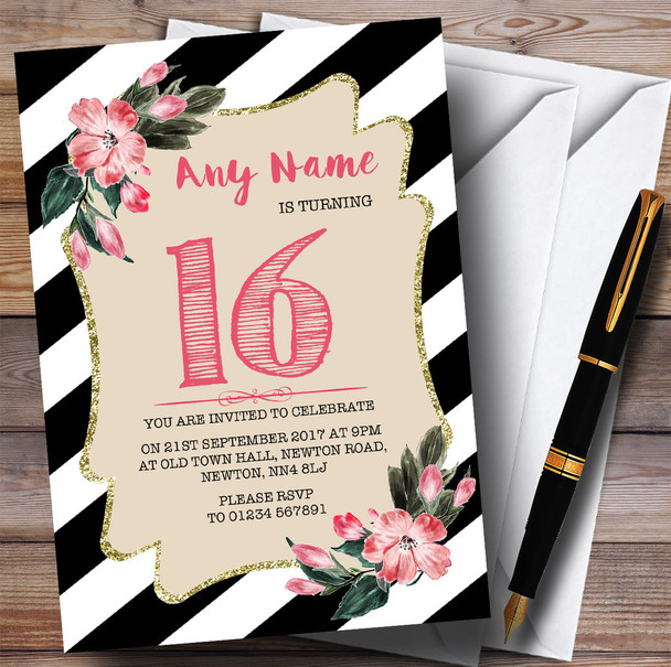 Black & White Striped Pink Flower 16th Personalised Birthday Party Invitations