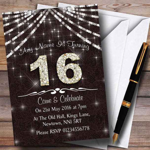 16Th Brown & White Bling Sparkle Birthday Party Personalised Invitations