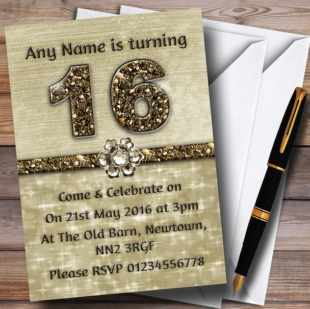 Titanium Gold Sparkly 16Th Personalised Birthday Party Invitations
