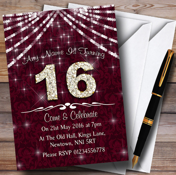 16Th Claret & White Bling Sparkle Birthday Party Personalised Invitations