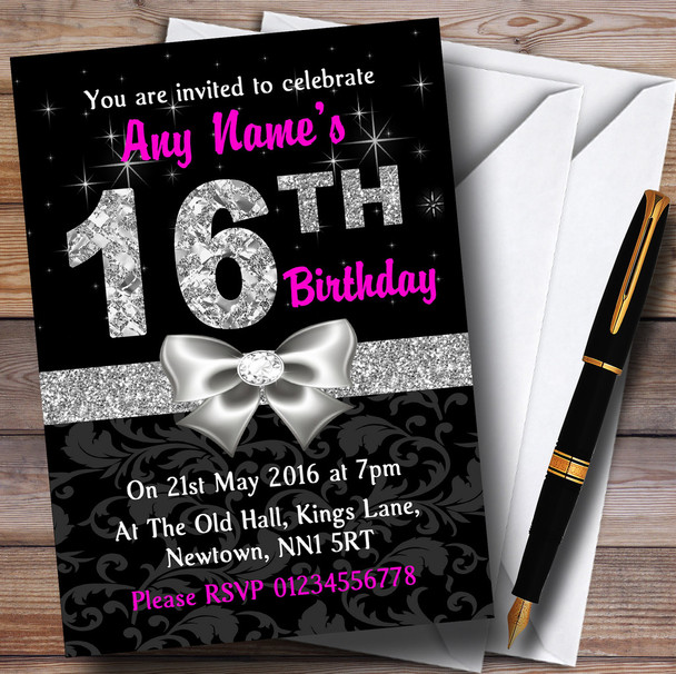 Pink Black Silver Diamond 16Th Birthday Party Personalised Invitations