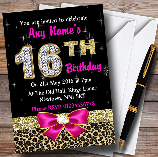 Pink Diamond And Leopard Print 16Th Birthday Party Personalised Invitations