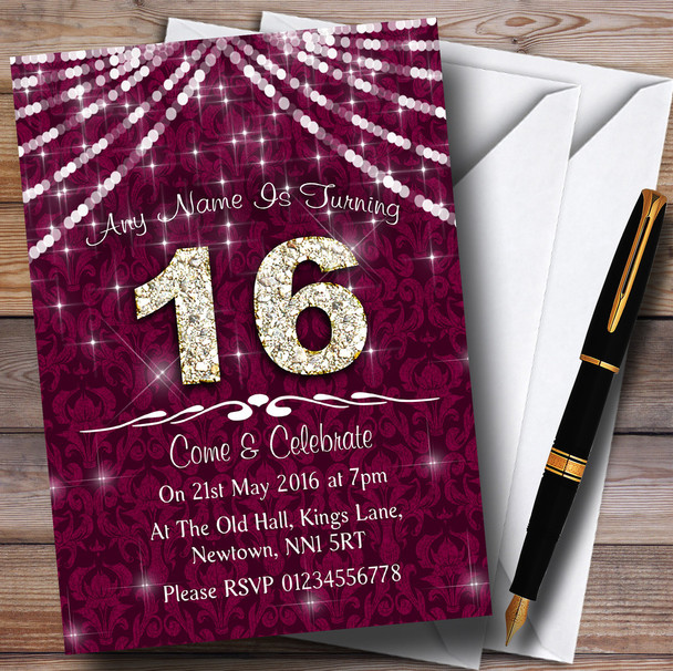 16Th Cranberry & White Bling Sparkle Birthday Party Personalised Invitations