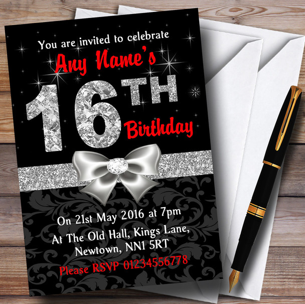 Red Black Silver Diamond 16Th Birthday Party Personalised Invitations