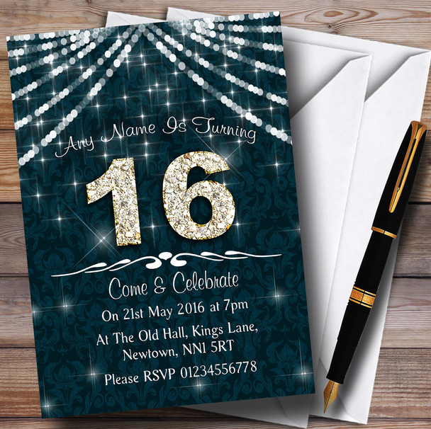 16Th Turquoise & White Bling Sparkle Birthday Party Personalised Invitations