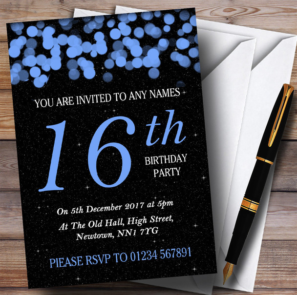 Blue Bokeh & Stars 16th Personalised Birthday Party Invitations