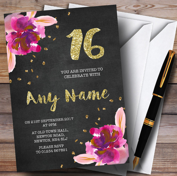 Chalk Gold Confetti Pink Flowers 16th Personalised Birthday Party Invitations