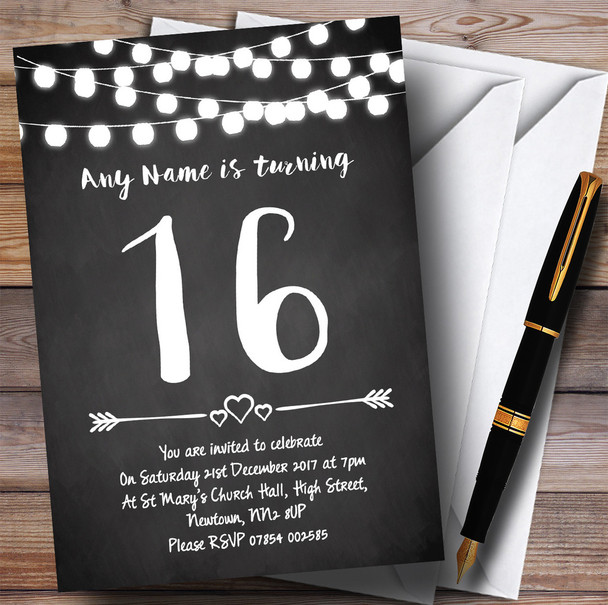 Chalk Style Lights 16th Personalised Birthday Party Invitations