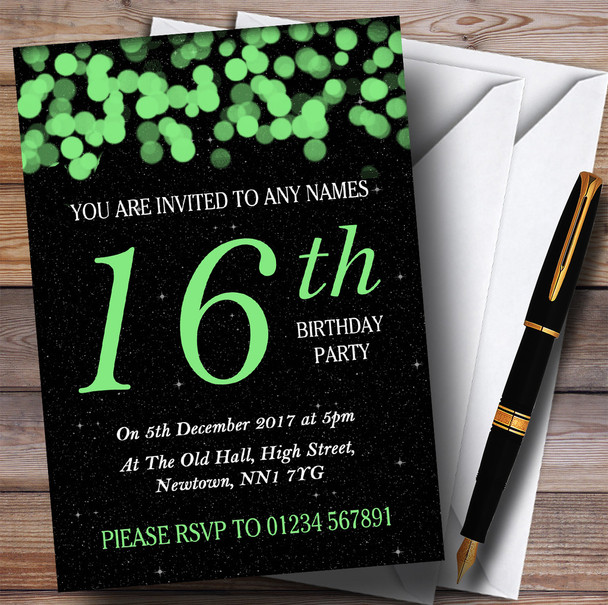 Green Bokeh & Stars 16th Personalised Birthday Party Invitations