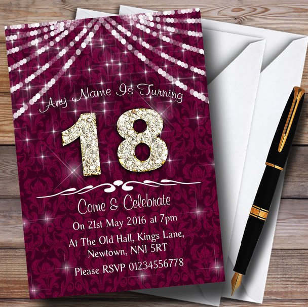 18Th Cranberry & White Bling Sparkle Birthday Party Personalised Invitations