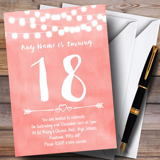 Coral Pink Lights 18th Personalised Birthday Party Invitations