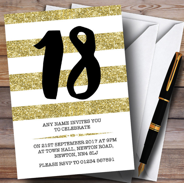 Glitter Gold & White Striped 18th Personalised Birthday Party Invitations