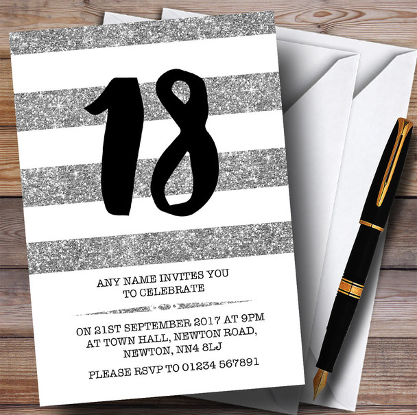 Glitter Silver & White Striped 18th Personalised Birthday Party Invitations