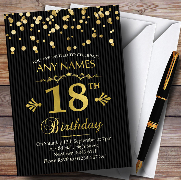 Gold Confetti Black Striped 18th Personalised Birthday Party Invitations