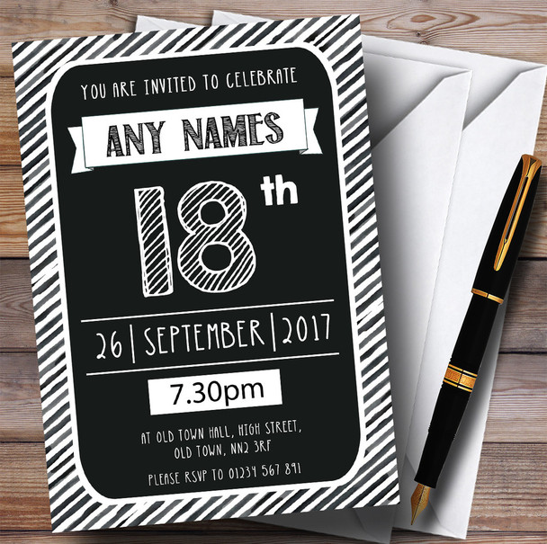 Black & White Stripy Deco 18th Personalised Birthday Party Invitations