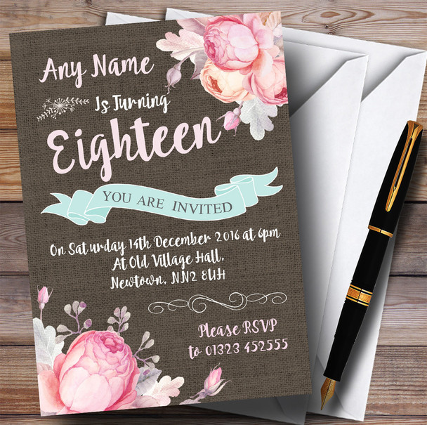 Vintage Burlap Style Floral 18th Personalised Birthday Party Invitations