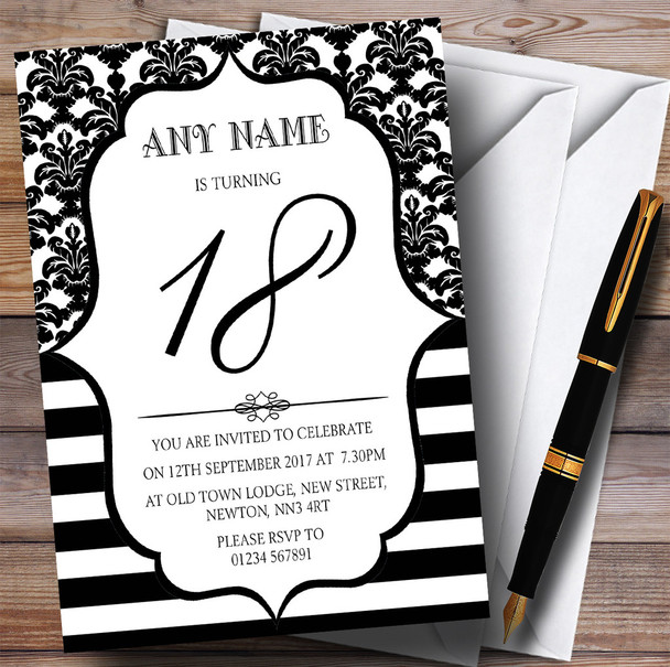 Vintage Damask Black & White 18th Personalised Birthday Party Invitations