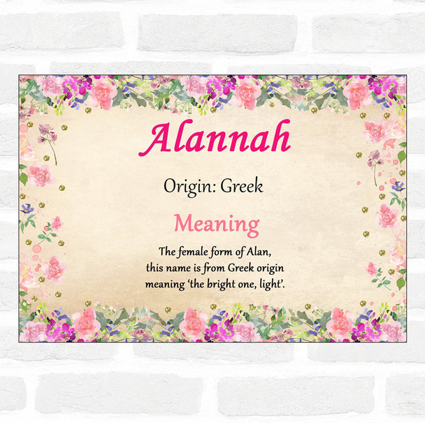 Alannah Name Meaning Floral Certificate