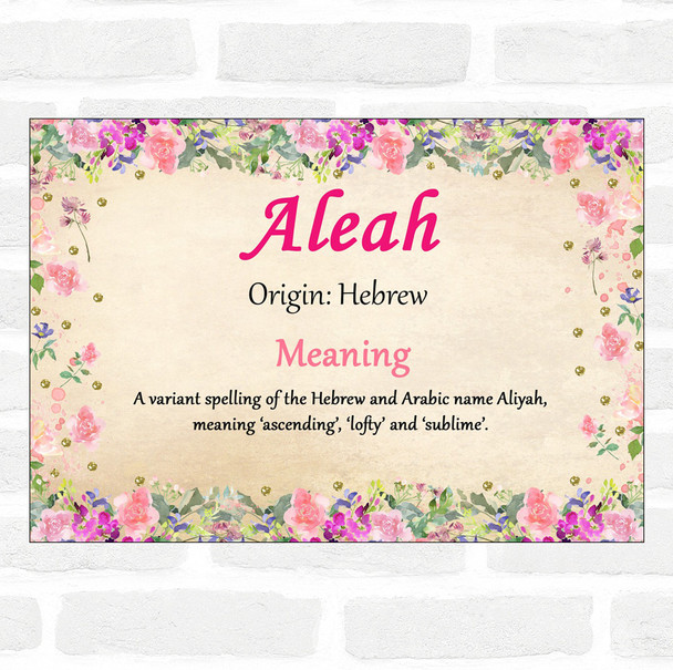 Aleah Name Meaning Floral Certificate