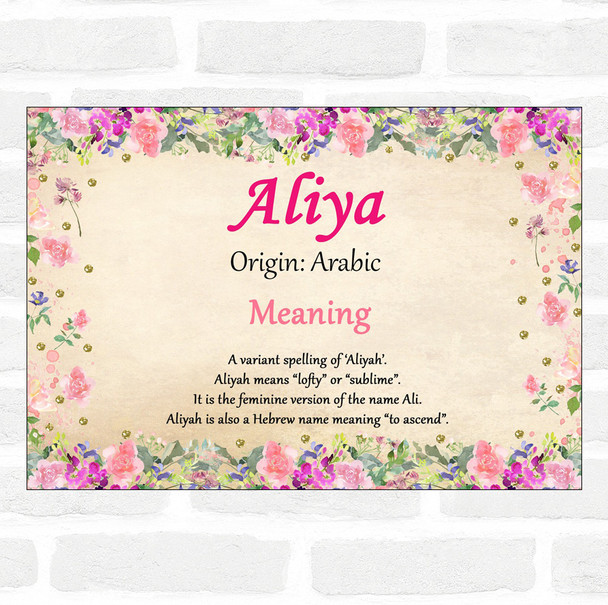 Aliya Name Meaning Floral Certificate