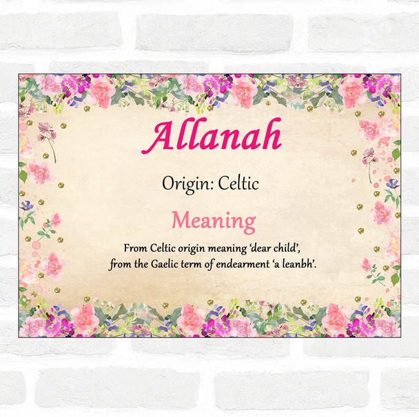 Allanah Name Meaning Floral Certificate