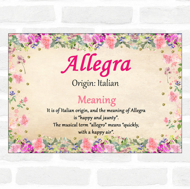 Allegra Name Meaning Floral Certificate