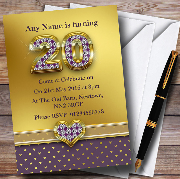 Gold Satin And Purple Hearts 20Th Personalised Birthday Party Invitations