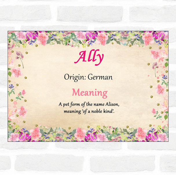 Ally Name Meaning Floral Certificate