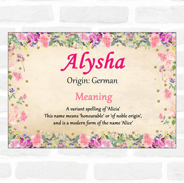 Alysha Name Meaning Floral Certificate