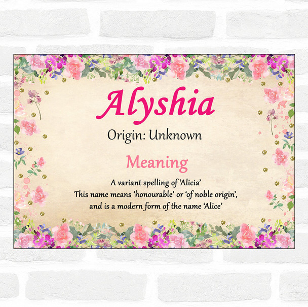 Alyshia Name Meaning Floral Certificate