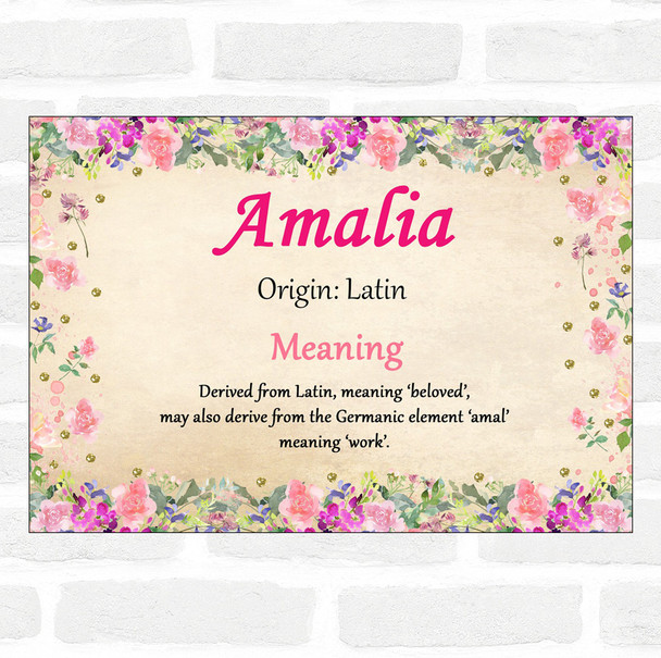 Amalia Name Meaning Floral Certificate