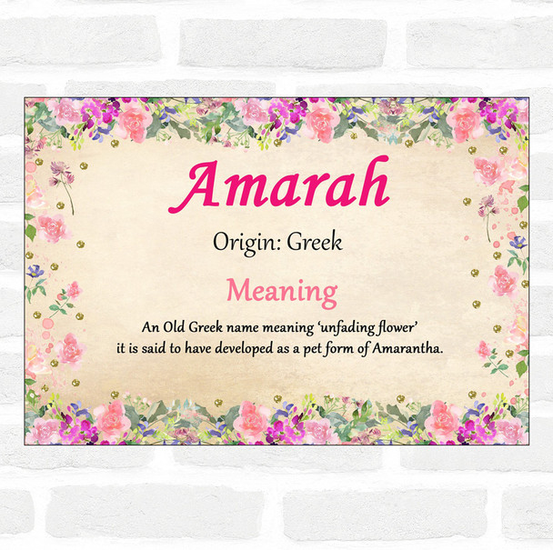 Amarah Name Meaning Floral Certificate