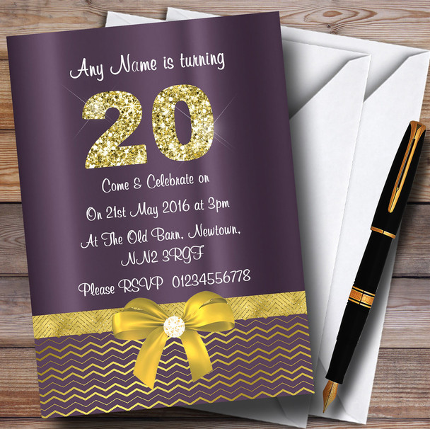 Purple Satin And Gold Bow 20Th Personalised Birthday Party Invitations