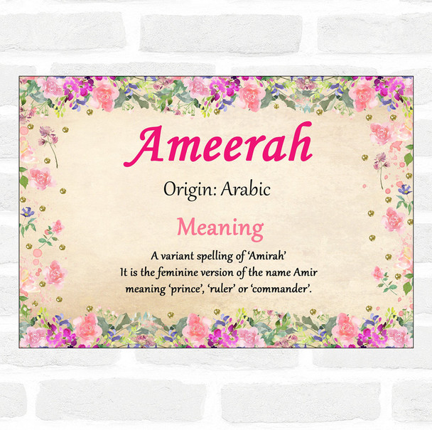 Ameerah Name Meaning Floral Certificate