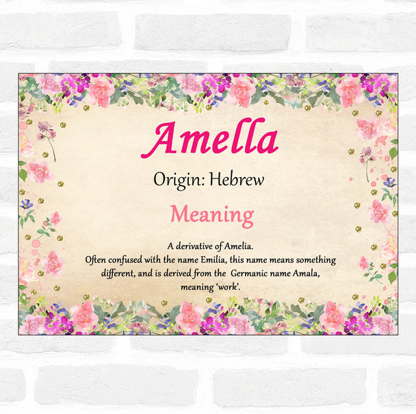 Amella Name Meaning Floral Certificate