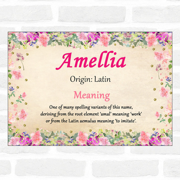 Amellia Name Meaning Floral Certificate