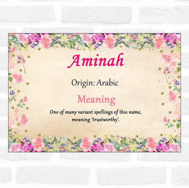 Aminah Name Meaning Floral Certificate