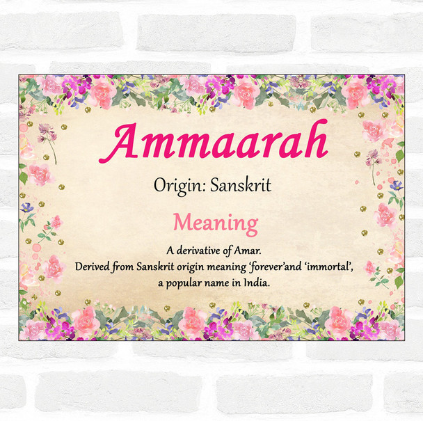 Ammaarah Name Meaning Floral Certificate