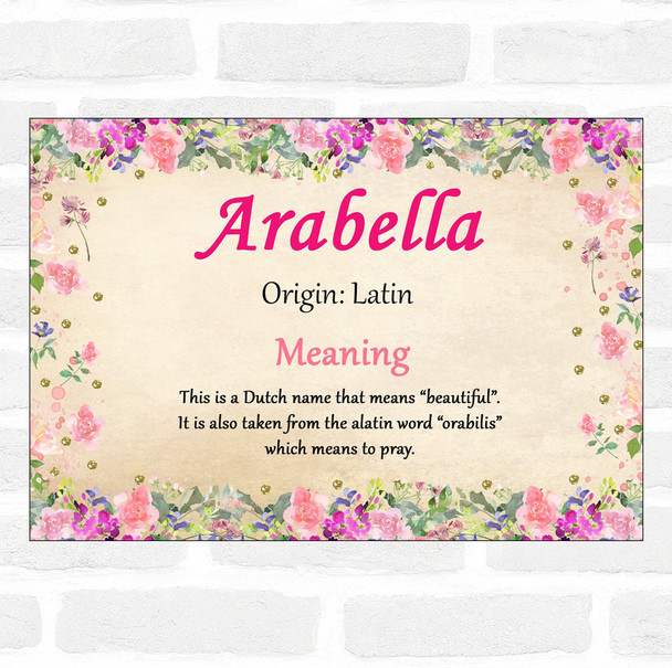 Arabella Name Meaning Floral Certificate