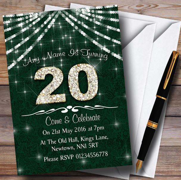 20Th  Green & White Bling Sparkle Birthday Party Personalised Invitations