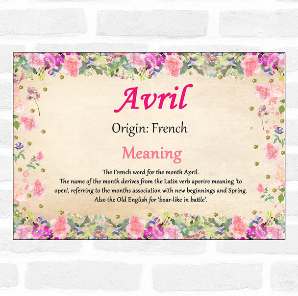 Avril Name Meaning Floral Certificate