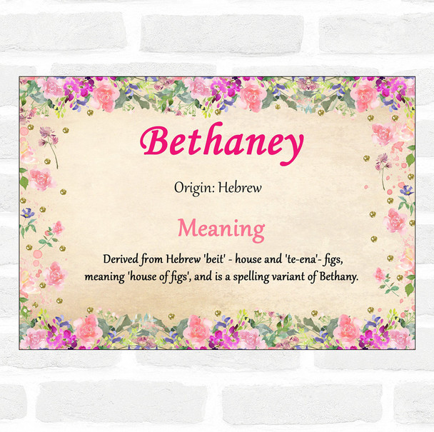Bethaney Name Meaning Floral Certificate